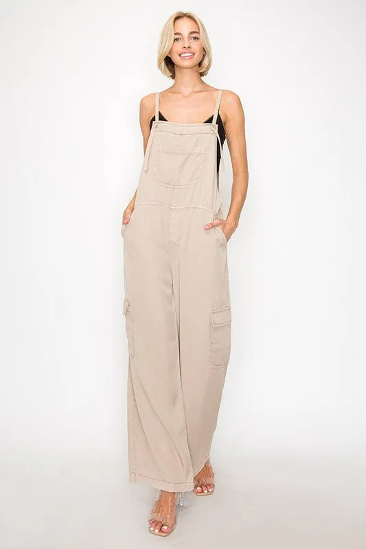 WIDE LEG TENCEL OVERALLS (TAUPE)