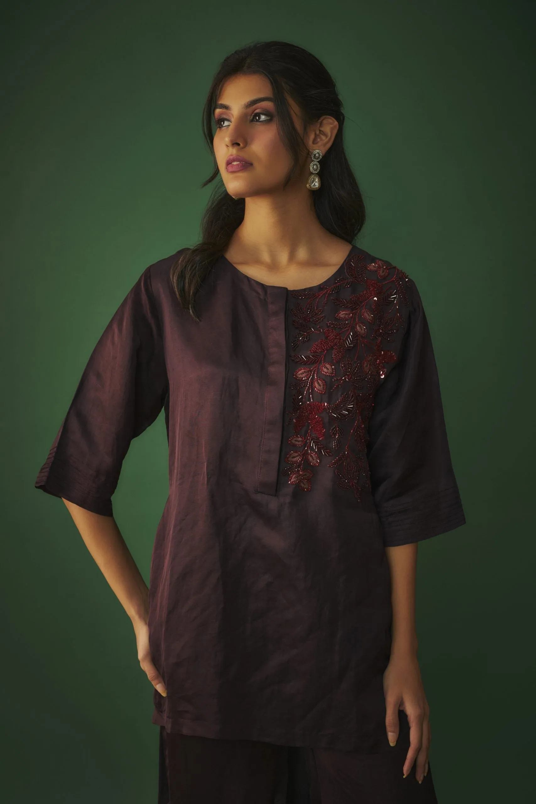 WINE EMBROIDERED HI LOW KURTA AND SHARARA SET