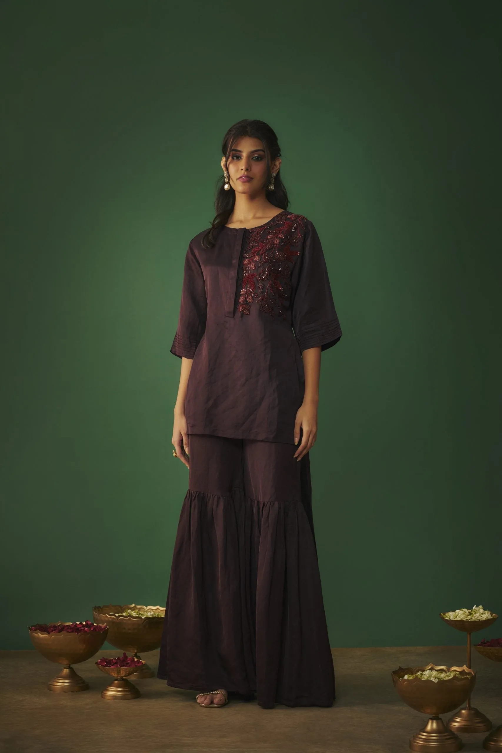 WINE EMBROIDERED HI LOW KURTA AND SHARARA SET