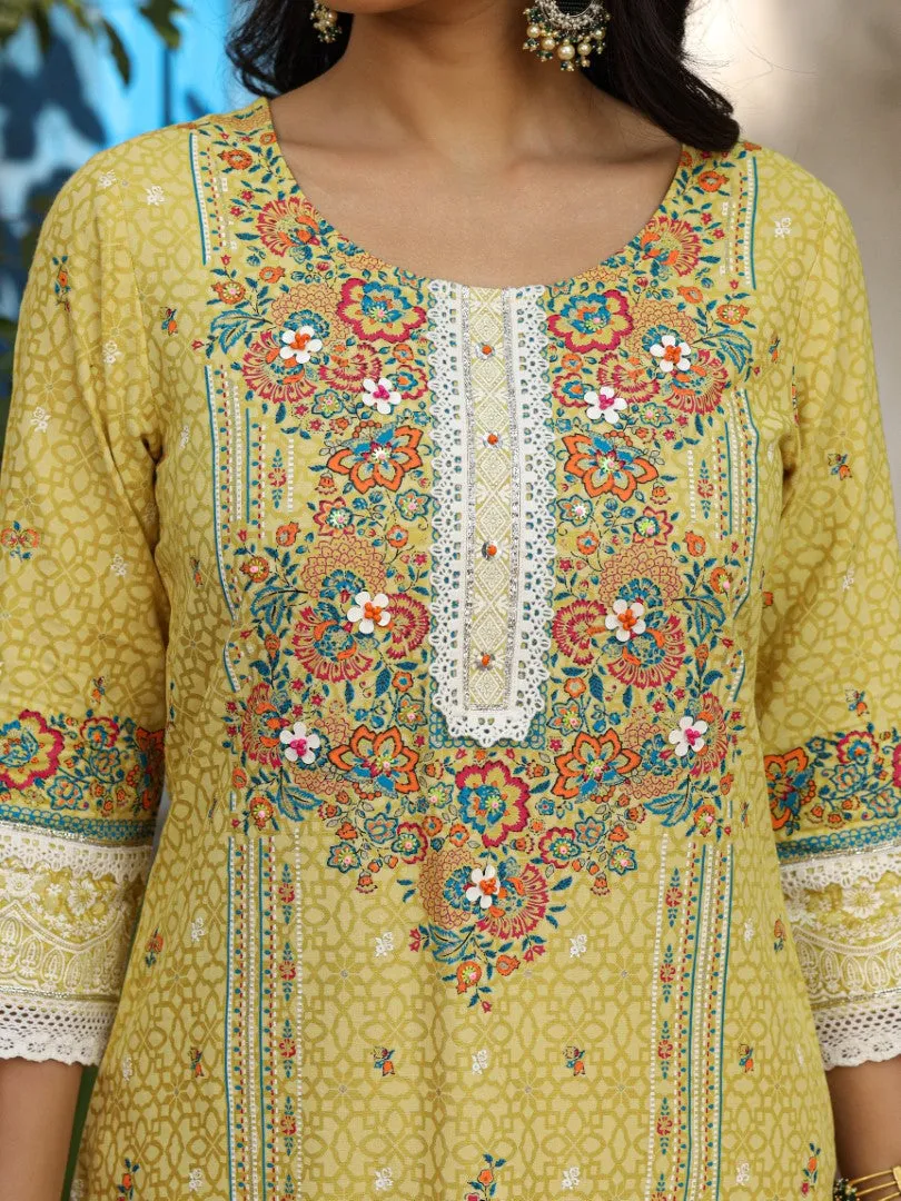 Women Floral Printed Mustard Cotton Cambric Kurta, Pants & Dupatta Set