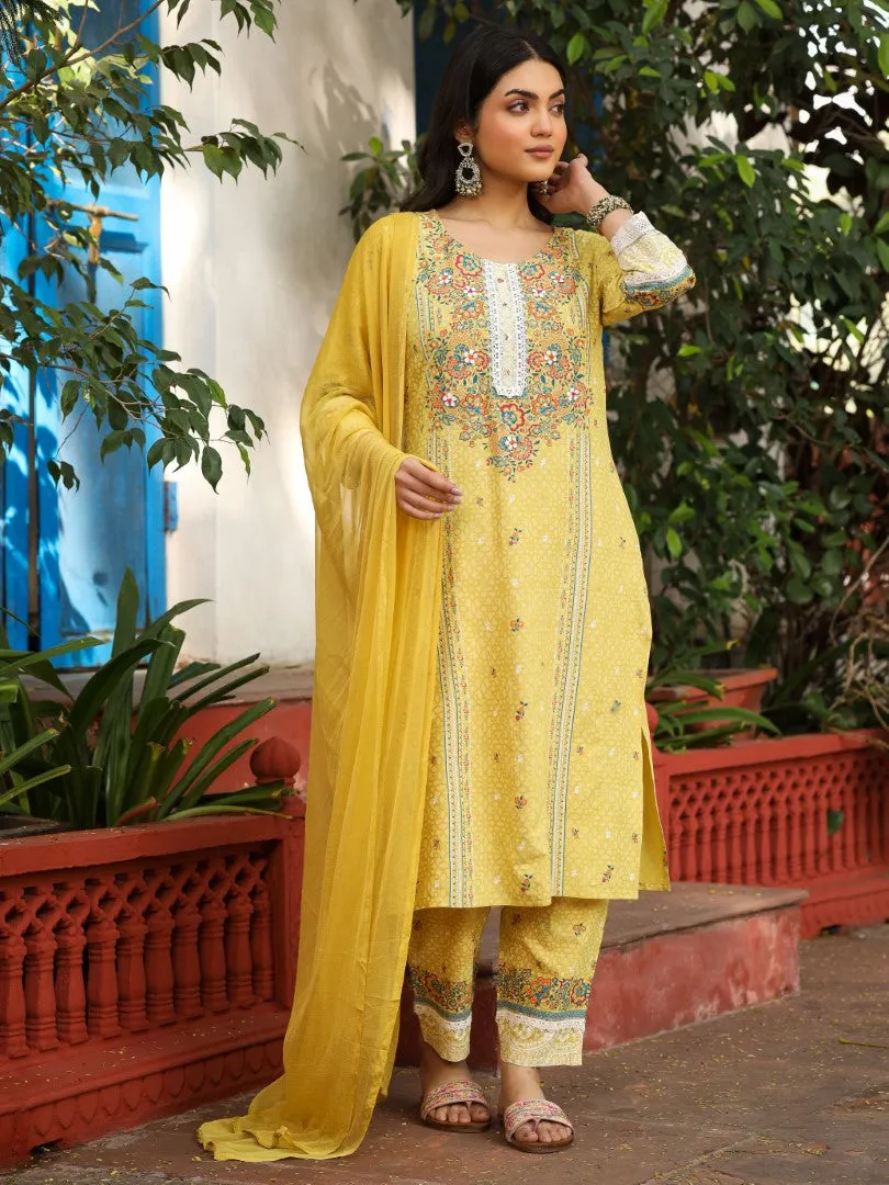 Women Floral Printed Mustard Cotton Cambric Kurta, Pants & Dupatta Set