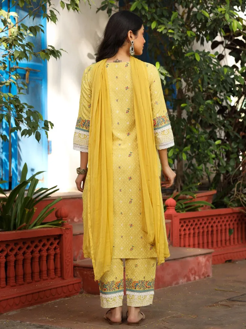 Women Floral Printed Mustard Cotton Cambric Kurta, Pants & Dupatta Set