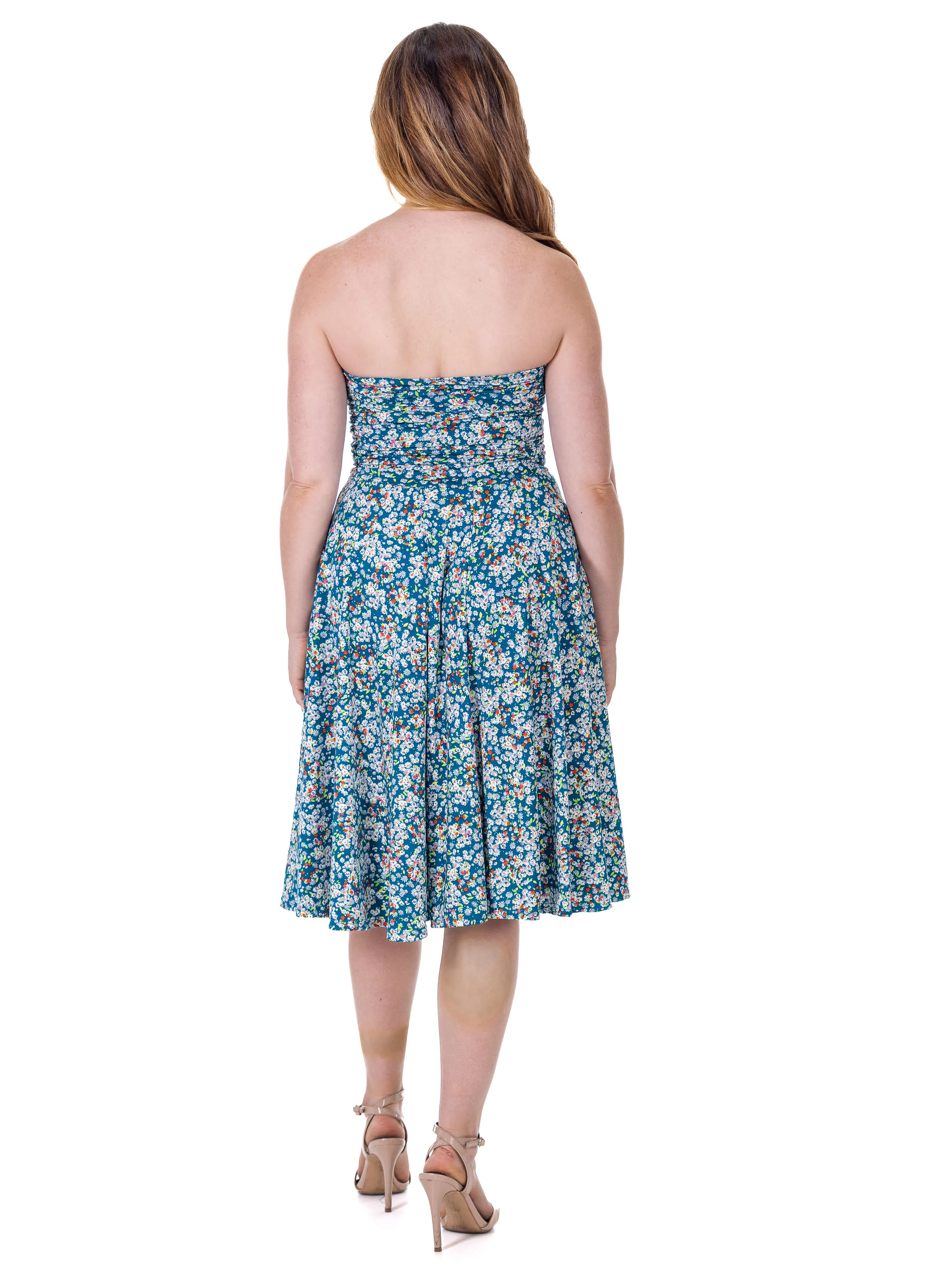 Womens Teal Floral Strapless Tube Top Flowy Knee Length Dress