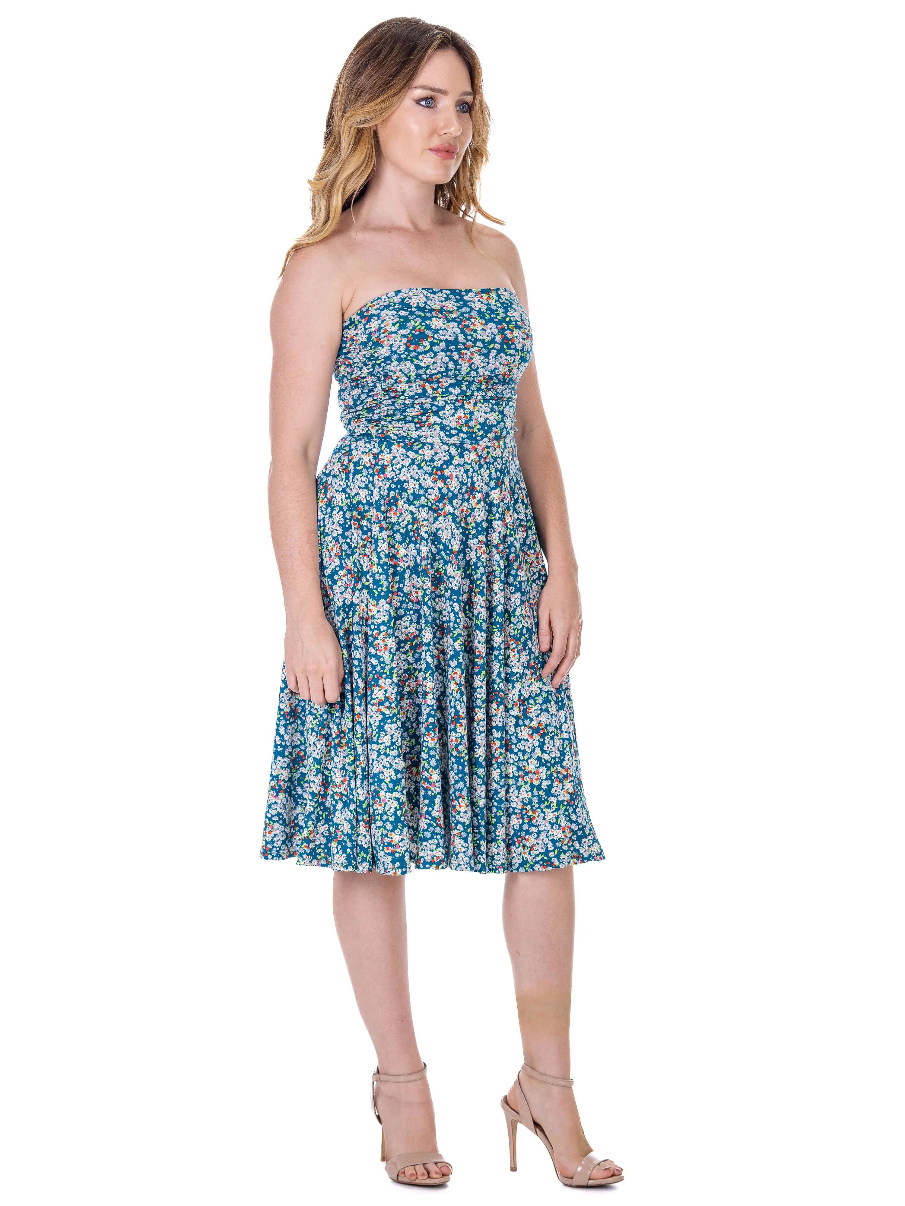 Womens Teal Floral Strapless Tube Top Flowy Knee Length Dress