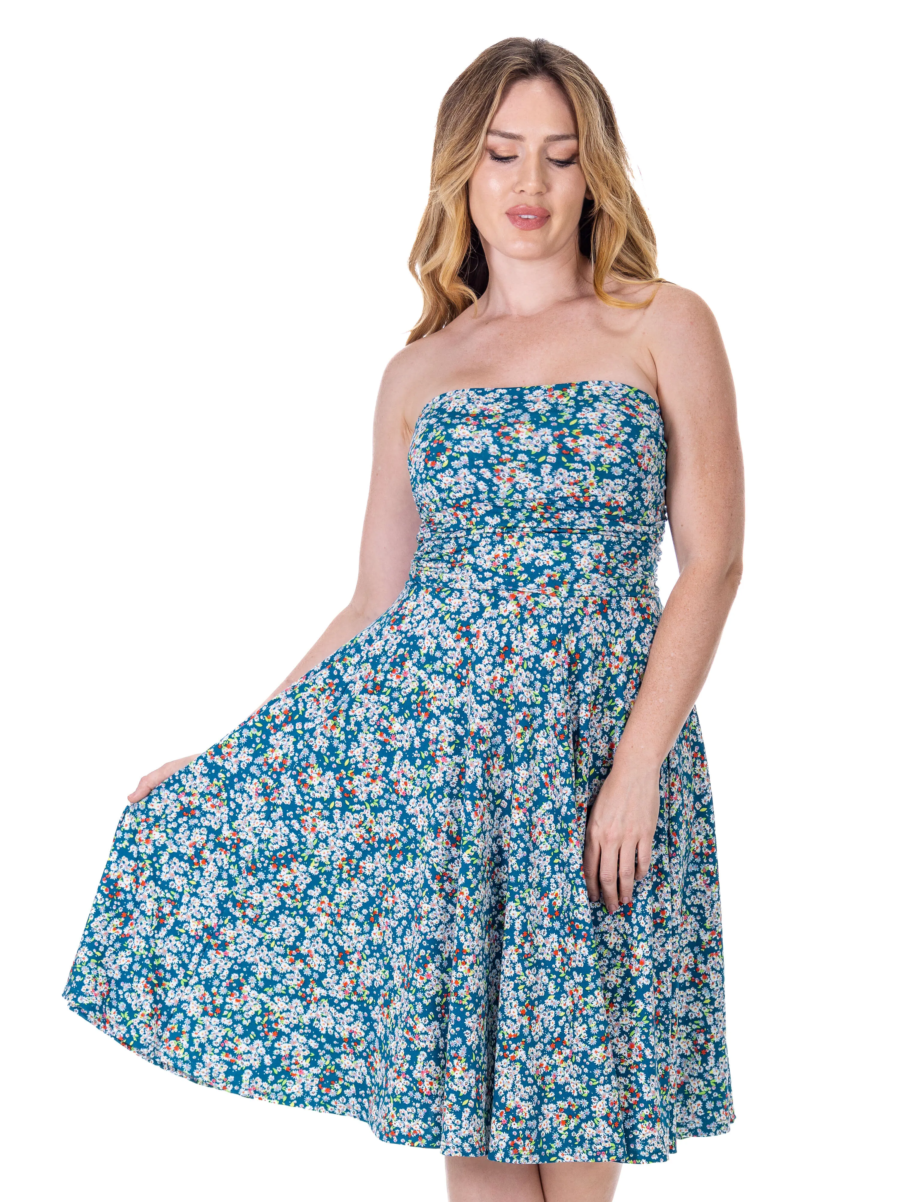 Womens Teal Floral Strapless Tube Top Flowy Knee Length Dress